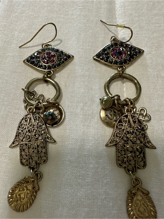 Jewelry - Gold-Tone Hamsa Drop Earrings with Purple Accents